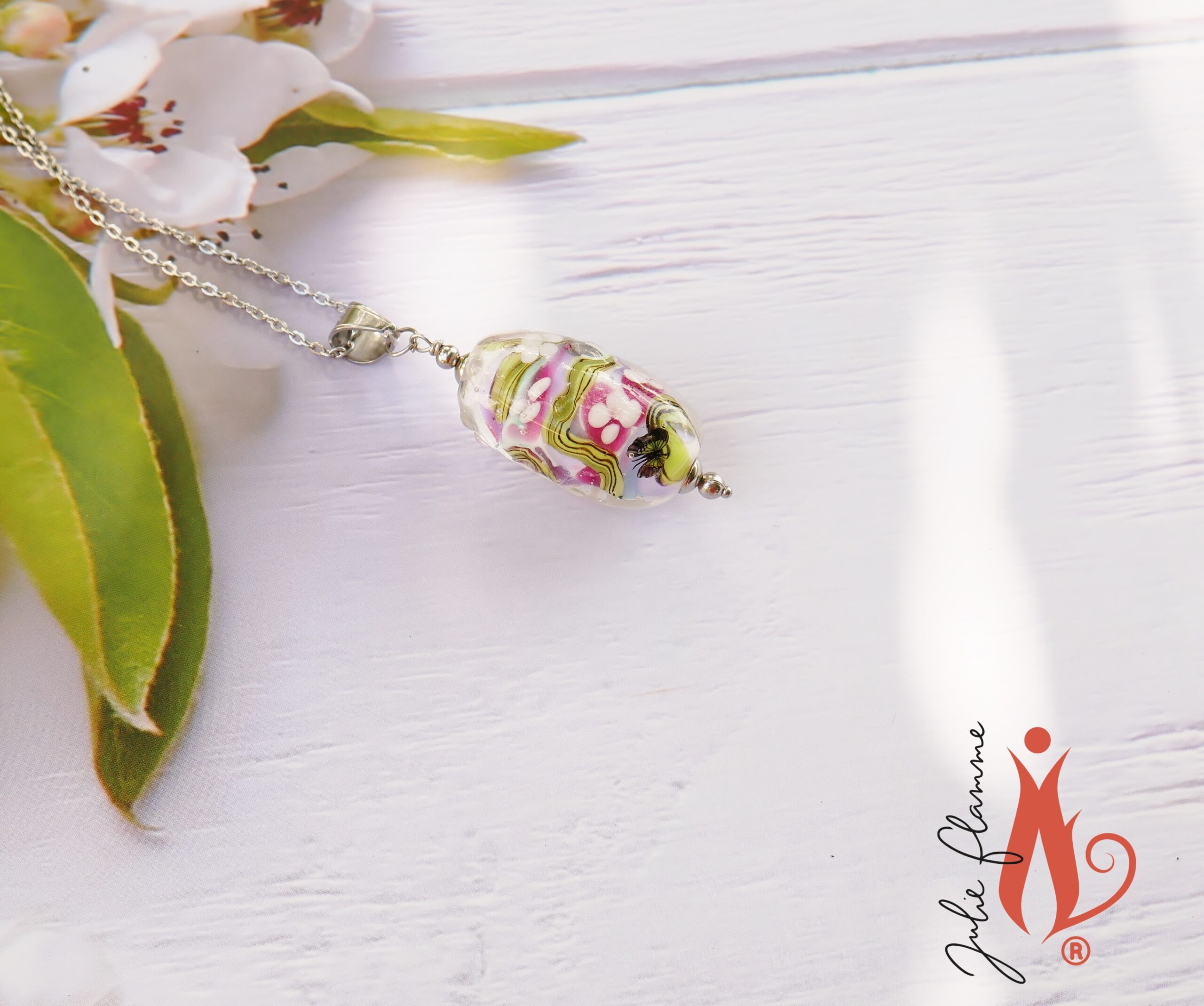 bijou collier verre de murano papillon printemps julie flamme perle de verre
